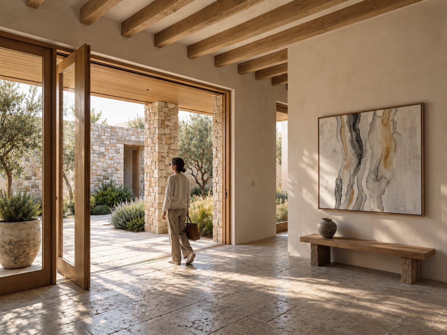A guest steps in from a stone courtyard through tall oak doors into a plastered hall, where a single large painting hangs above a bench.