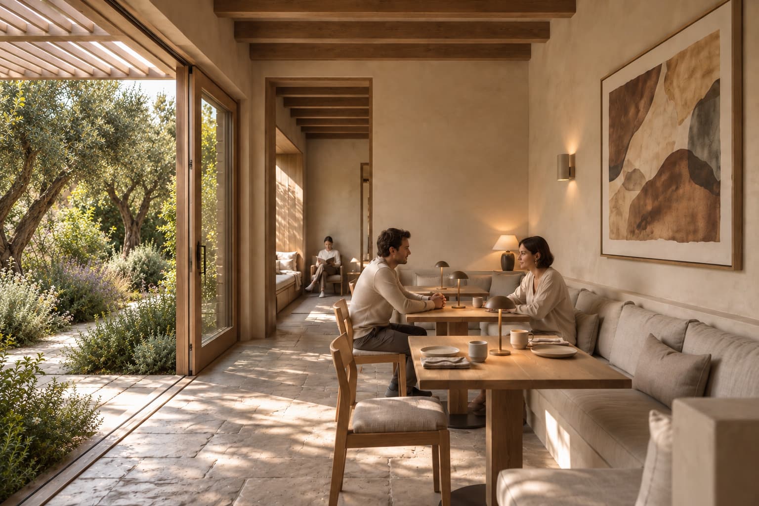 Two guests talk at a dining table beneath a large painting in terracotta tones, the room open to an olive garden.