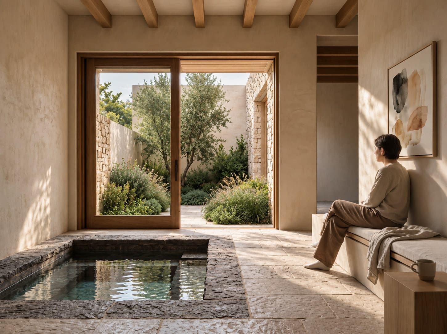 A guest sits on a plaster bench beside a small stone plunge pool, looking out through open doors to a planted courtyard.