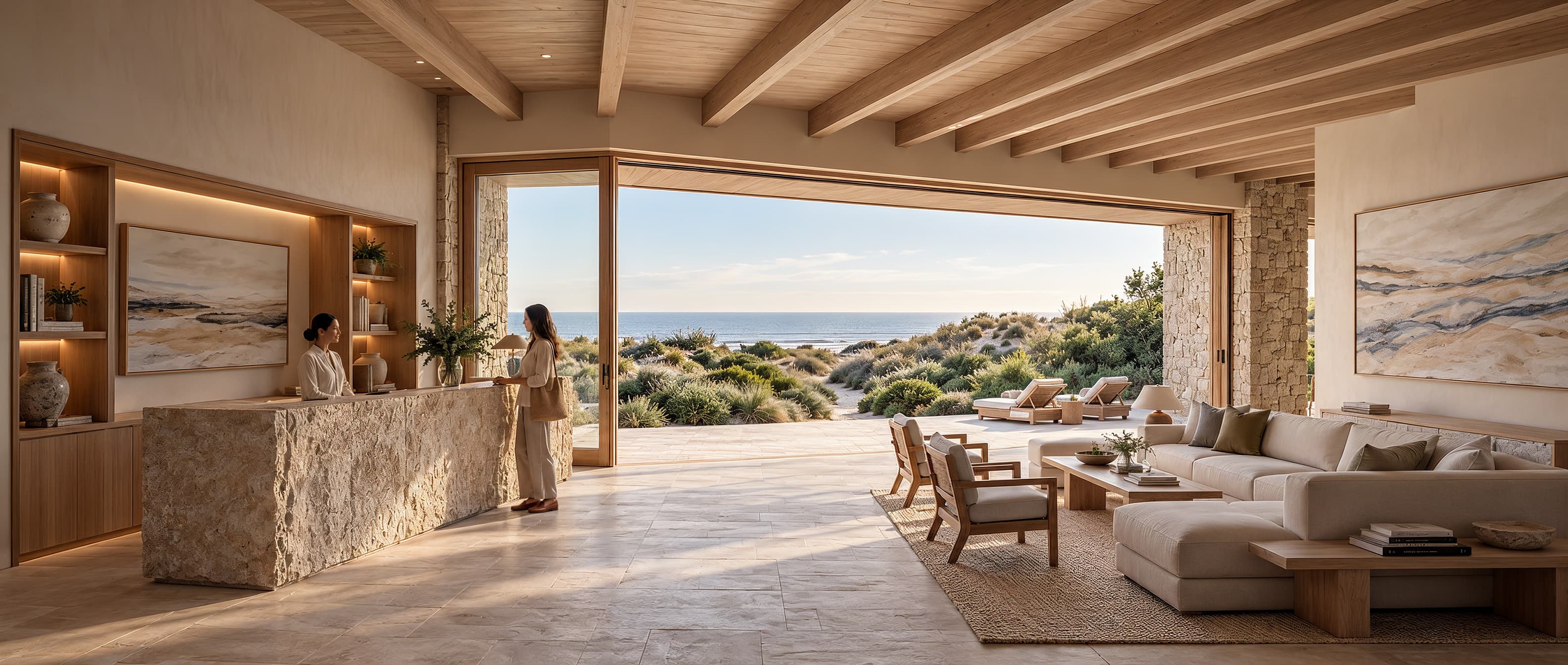 The lobby of The Quiet Coast: a carved stone reception desk, low linen sofas and a wide opening onto dunes and a distant sea horizon, with horizon-toned works on the plaster walls.