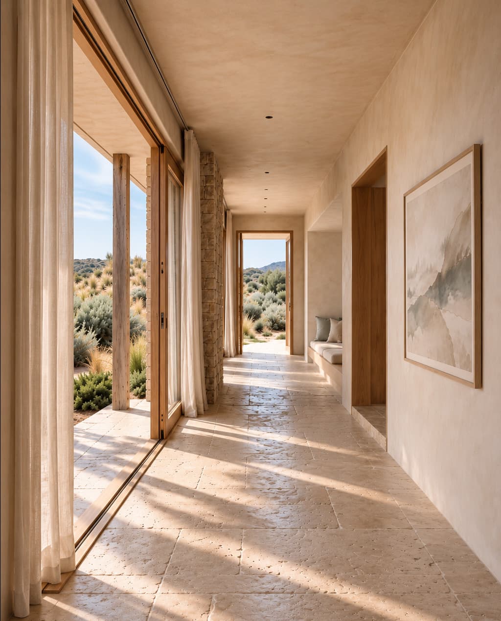 A long stone-floored corridor open to the dunes on one side, a pale framed work on the plaster wall, and daylight and planting at its far end.