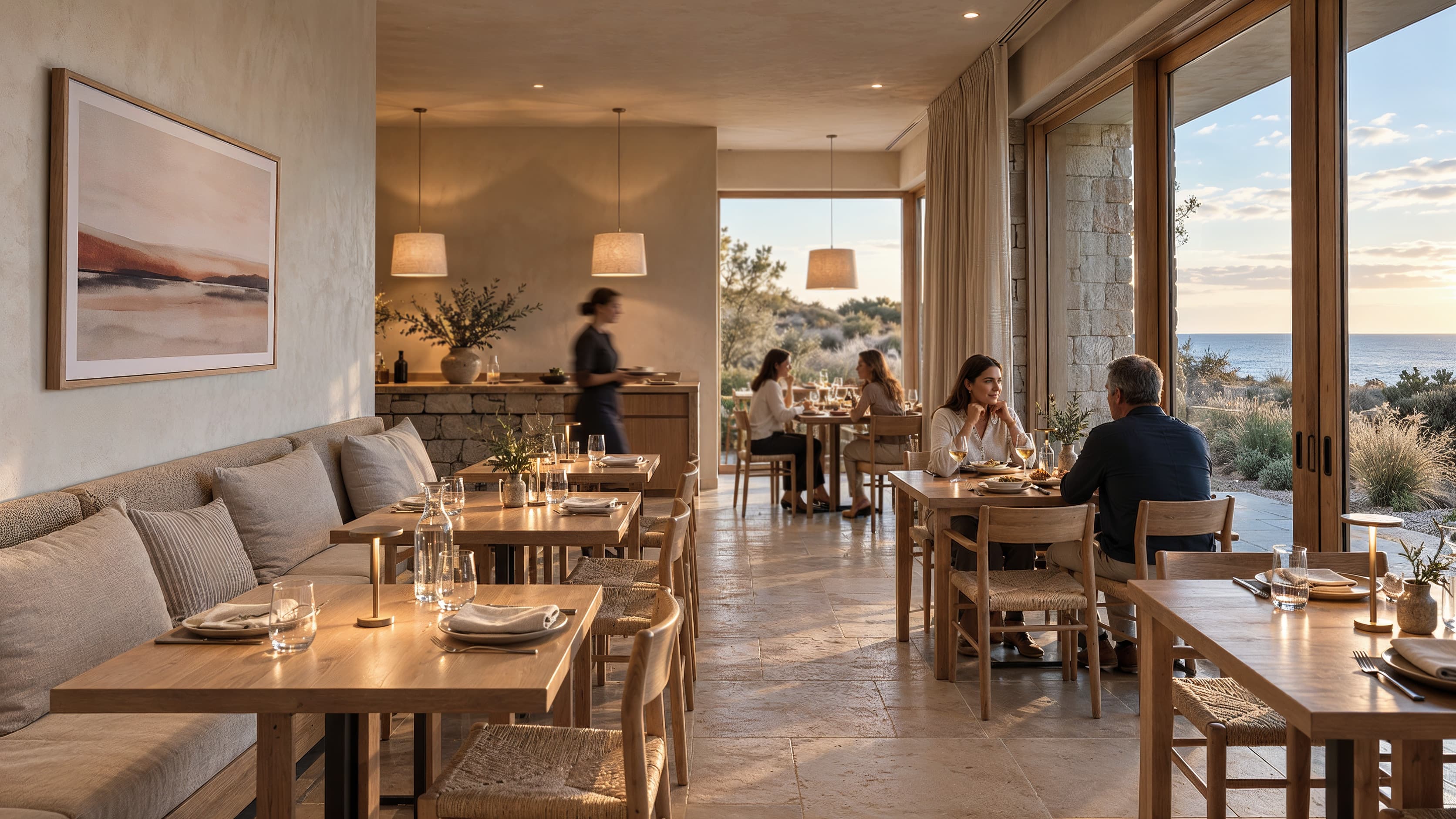 The restaurant at dusk: guests at oak tables beside a long banquette, a coastal landscape painting on the plaster wall, and tall windows onto the sea.