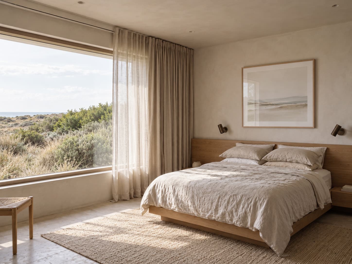 A suite bedroom with a wide window onto coastal scrub, a broad pale horizon work above a low oak bed, and a woven rug on a stone floor.
